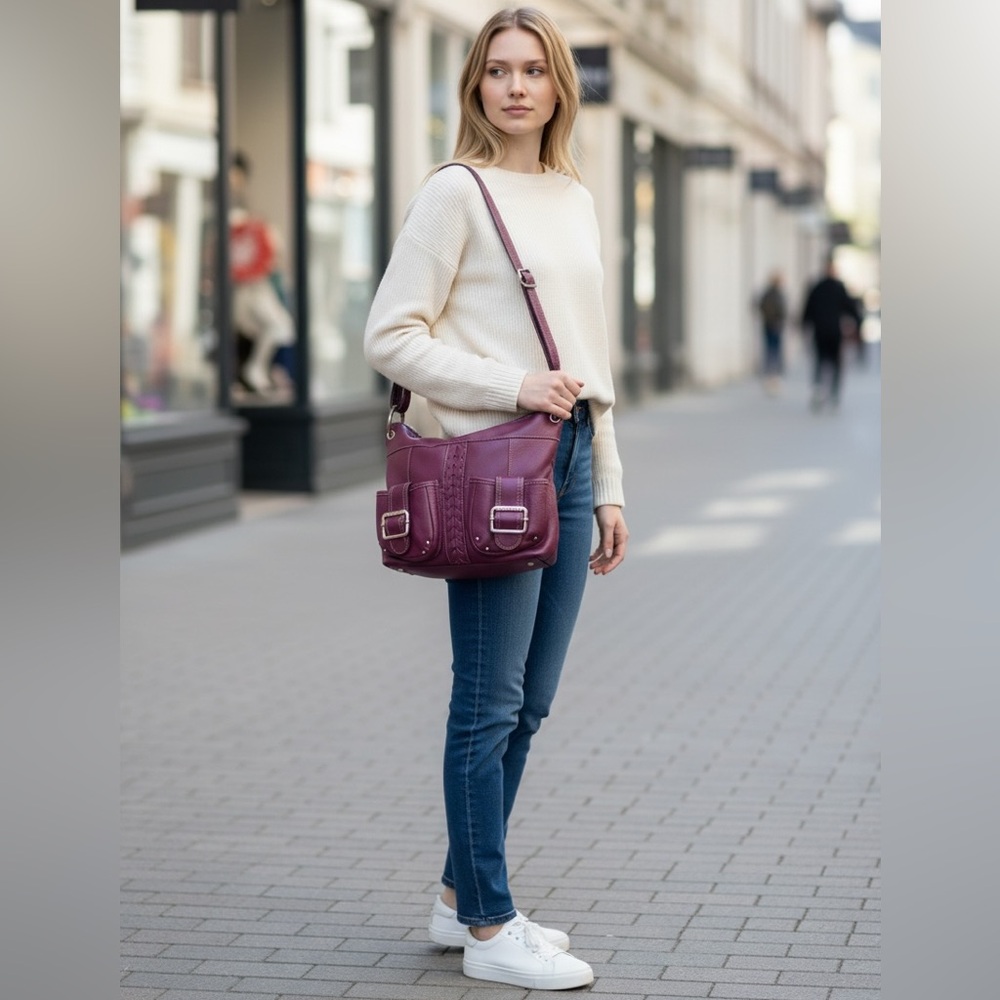 Tignanello Purple Leather Shoulder Crossbody Bag w Two Front Pockets